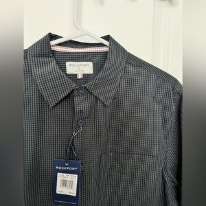 NWT: Rockport gingham plaid button down long sleeve Shirt size S navy/olive